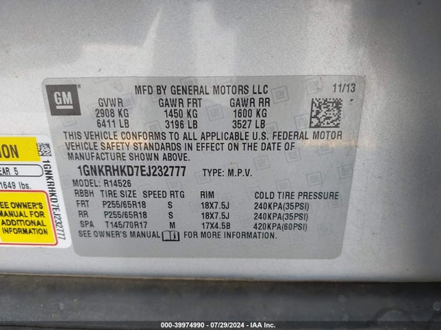 Chevrolet Traverse 2lt 2014 1GNKRHKD7EJ232777 Image 9