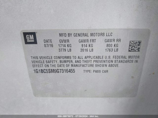 1G1BC5SM9G7316455 Chevrolet Cruze Ls Auto