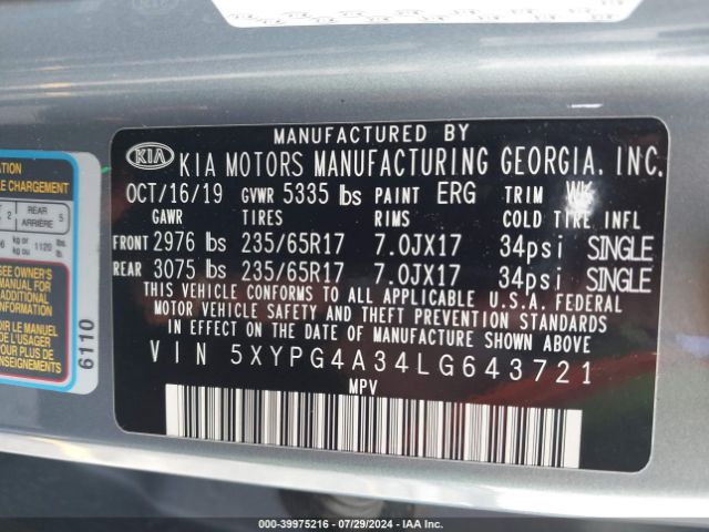 5XYPG4A34LG643721 KIA Sorento 2.4l L