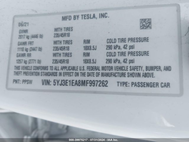 5YJ3E1EA8MF997262 Tesla Model 3 Standard Range Plus Rear-wheel Drive