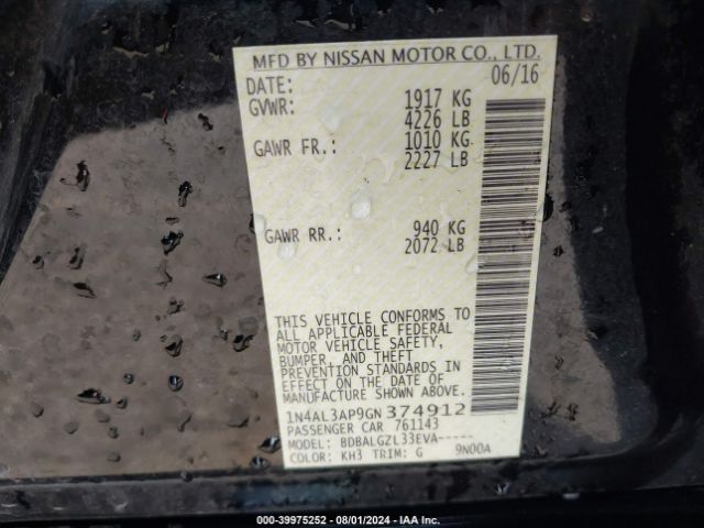 1N4AL3AP9GN374912 Nissan Altima 2.5/2.5 S/2.5 Sl/2.5 Sr/2.5 Sv