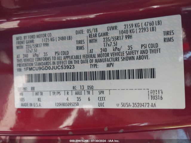 1FMCU9GD0JUC53923 Ford ESCAPE SE