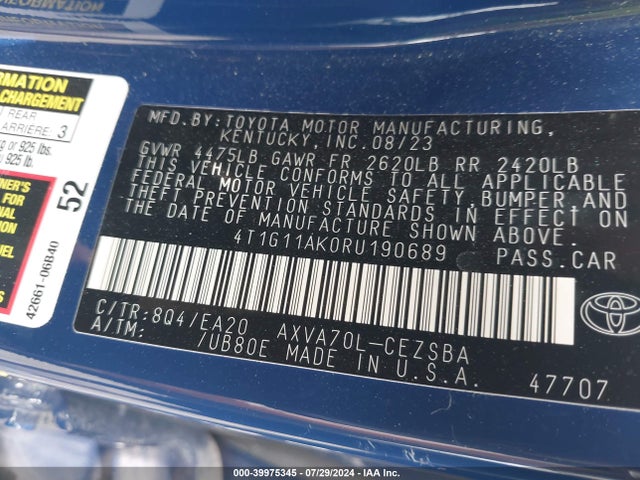 Toyota CAMRY SE 2024 4T1G11AK0RU190689 Image 9