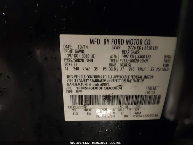 Ford EXPLORER XLT 2015 1FM5K8D88FGB08604 Image 9