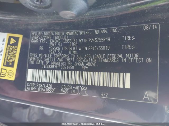 5TDDKRFH1FS081450 Toyota Highlander Limited V6