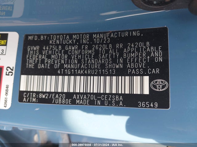 Toyota CAMRY SE 2024 4T1G11AK4RU211513 Image 9