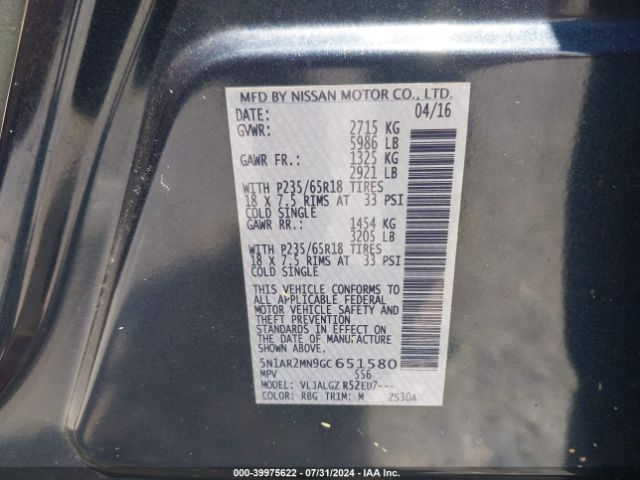 5N1AR2MN9GC651580 Nissan Pathfinder Platinum/s/sl/sv