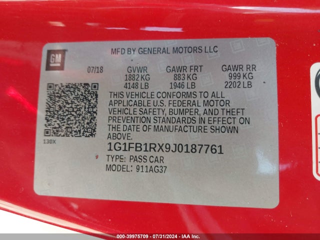 Chevrolet Camaro 1lt 2018 1G1FB1RX9J0187761 Image 9