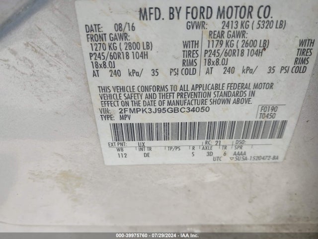 Ford EDGE SEL 2016 2FMPK3J95GBC34050 Image 9