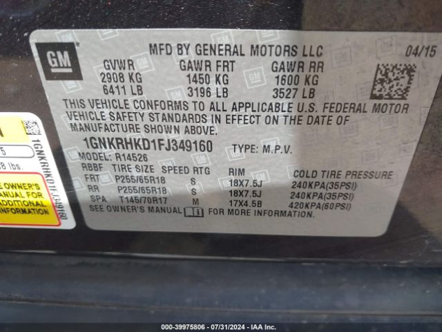 1GNKRHKD1FJ349160 Chevrolet Traverse 2lt