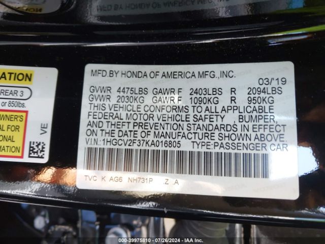 1HGCV2F37KA016805 Honda Accord Sport 2.0t