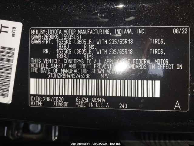 Toyota Highlander Xle 2022 5TDHZRBH4NS245288 Image 9