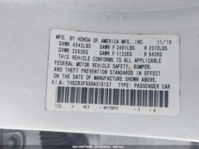 1HGCR3F9XHA016157 Honda Accord Touring V6