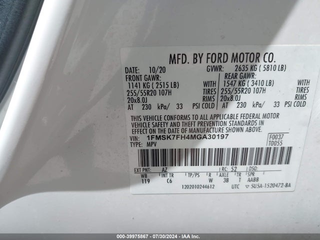 Ford Explorer Limited 2021 1FMSK7FH4MGA30197 Image 9