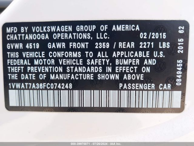 1VWAT7A36FC074248 Volkswagen Passat 1.8t S