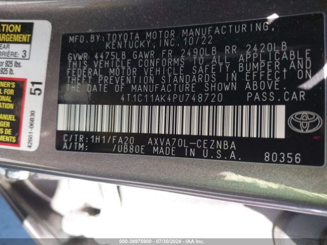 4T1C11AK4PU748720 Toyota CAMRY LE