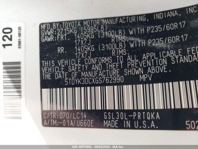 5TDYK3DCXGS762990 Toyota Sienna Xle Premium 8 Passenger