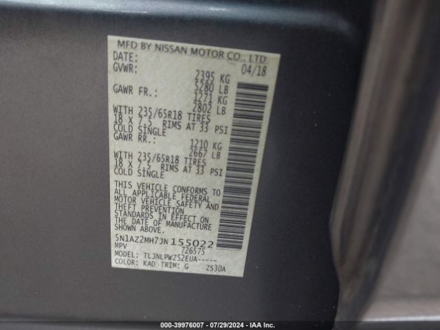 5N1AZ2MH7JN155022 Nissan MURANO S