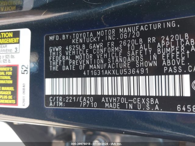 4T1G31AKXLU536491 Toyota Camry Se Hybrid