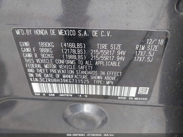 Honda HR-V LX 2019 3CZRU6H39KG711525 Image 9