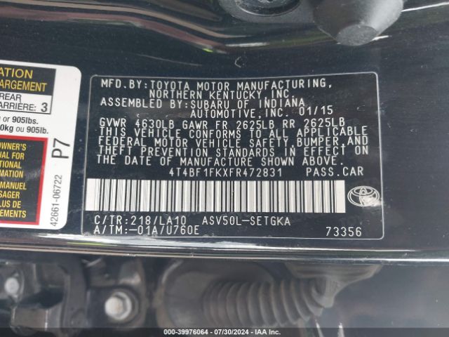 4T4BF1FKXFR472831 Toyota CAMRY XLE