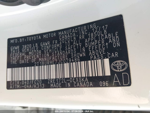 Toyota COROLLA SE 2018 2T1BURHE7JC029486 Image 9