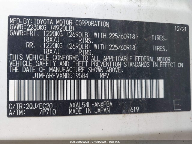 JTME6RFVXND519584 Toyota Rav4 Hybrid Xse
