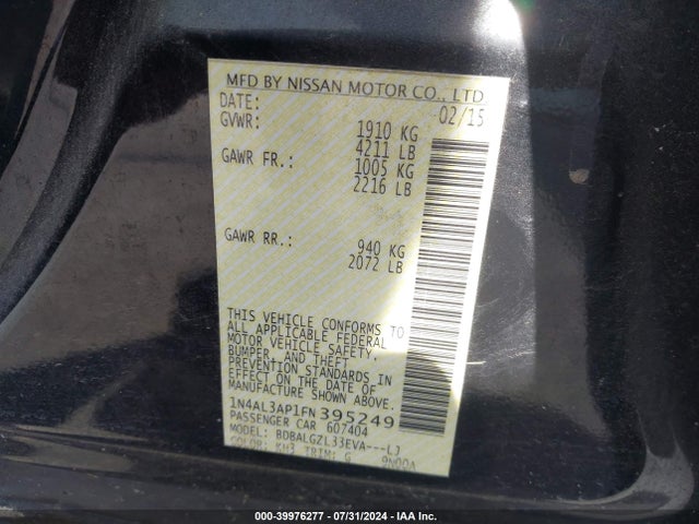 Nissan Altima 2.5 S 2015 1N4AL3AP1FN395249 Image 9