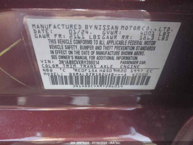 3N1AB8CVXRY286014 Nissan Sentra Sv Xtronic Cvt