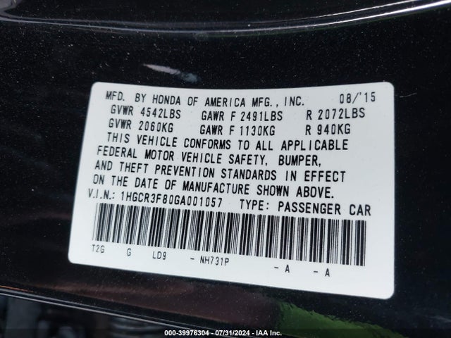 Honda Accord Ex-l V-6 2016 1HGCR3F80GA001057 Image 9