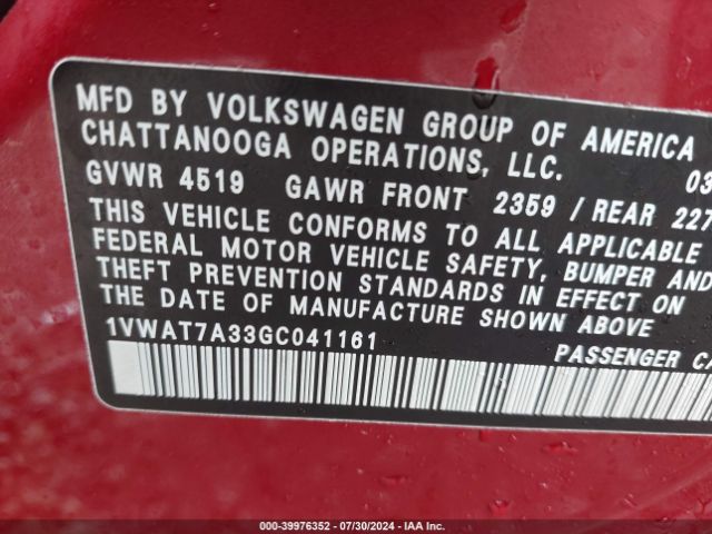 1VWAT7A33GC041161 Volkswagen Passat 1.8t S