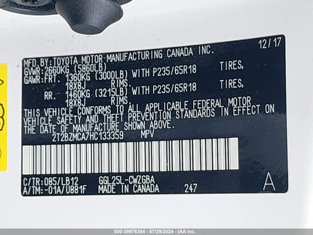 2T2BZMCA7HC133359 Lexus RX 350