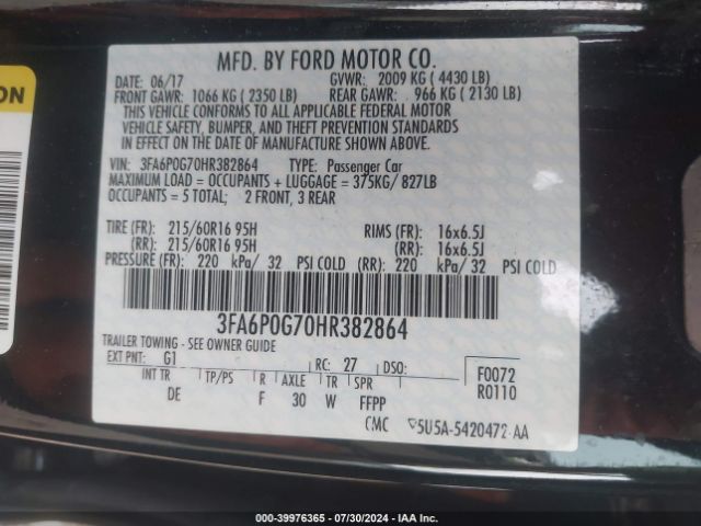 3FA6P0G70HR382864 Ford FUSION S