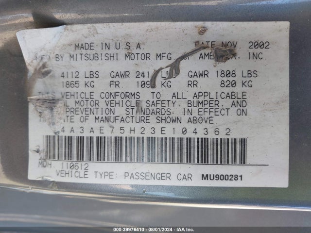 2003 MITSUBISHI ECLIPSE SPYDER 4A3AE75H23E104362 Photo 8