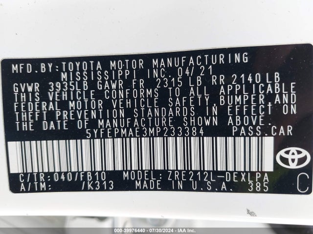 Toyota COROLLA LE 2021 5YFEPMAE3MP233384 Image 9