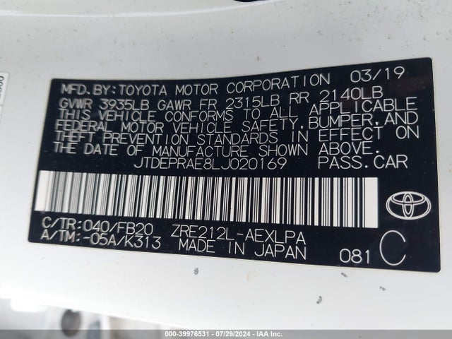 Toyota COROLLA LE 2020 JTDEPRAE8LJ020169 Image 9