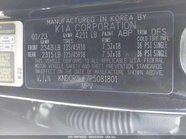KNDCR3LE7P5081801 KIA Niro Ex Touring