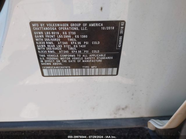 1V2NR2CA4KC507673 Volkswagen Atlas 3.6l V6 Sel Premium
