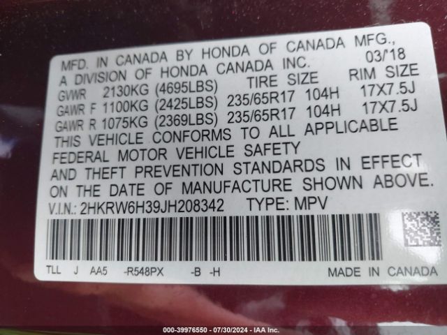 2HKRW6H39JH208342 Honda CR-V LX