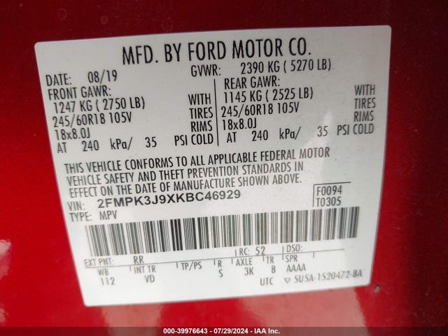 Ford EDGE SEL 2019 2FMPK3J9XKBC46929 Image 9