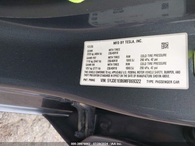 Tesla Model 3 Long Range Dual Motor All-wheel Drive 2021 5YJ3E1EB6MF869322 Image 9