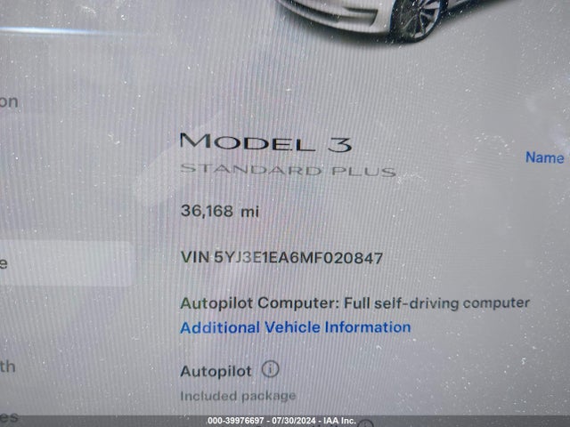 5YJ3E1EA6MF020847 Tesla Model 3 Standard Range Plus Rear-wheel Drive