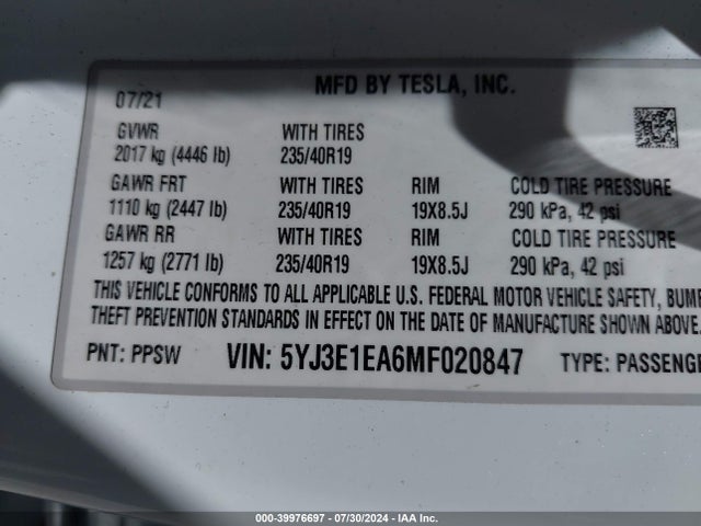 5YJ3E1EA6MF020847 Tesla Model 3 Standard Range Plus Rear-wheel Drive