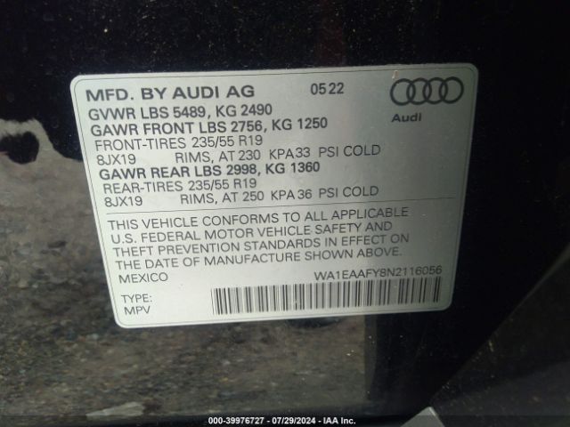 WA1EAAFY8N2116056 Audi Q5 Premium Plus 45 Tfsi S Line Quattro S Tronic