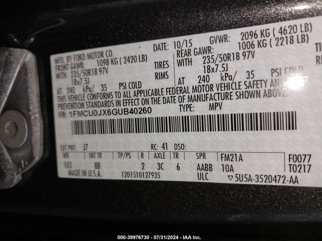Ford Escape Titanium 2016 1FMCU0JX6GUB40260 Image 9