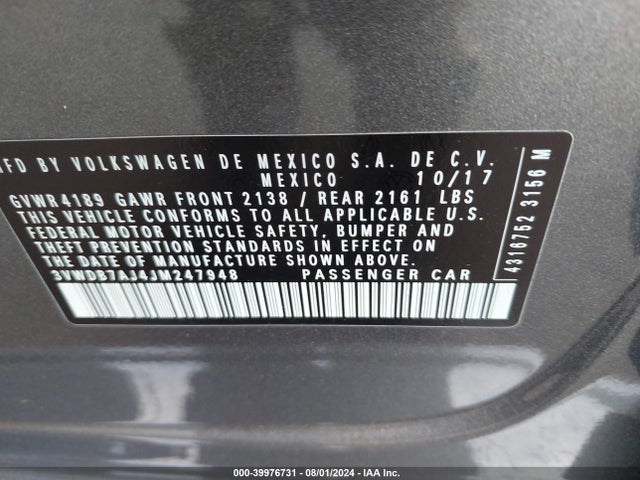 3VWDB7AJ4JM247948 Volkswagen Jetta 1.4t Se/1.4t Wolfsburg Edition