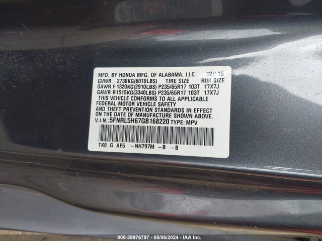 Honda ODYSSEY EXL 2016 5FNRL5H67GB168220 Image 9