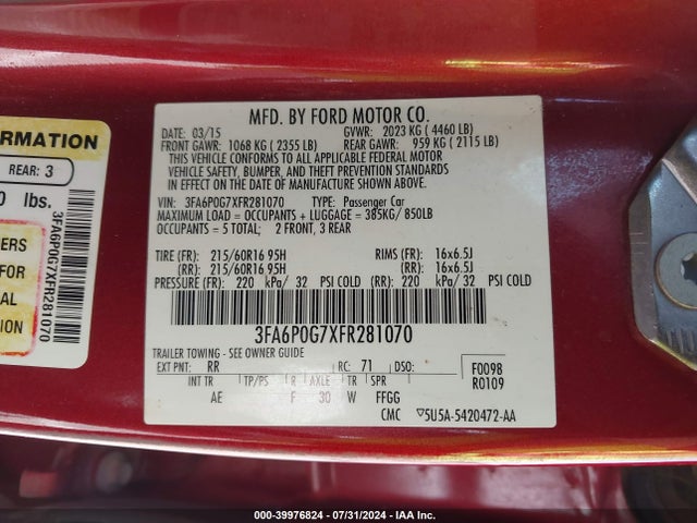 Ford FUSION S 2015 3FA6P0G7XFR281070 Image 9
