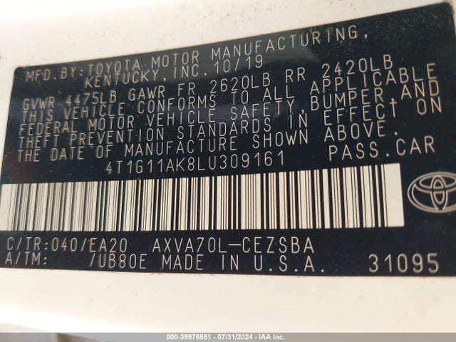 Toyota CAMRY SE 2020 4T1G11AK8LU309161 Image 9