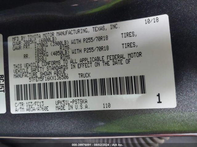 5TFEM5F16KX136506 Toyota Tundra Sr5 4.6l V8